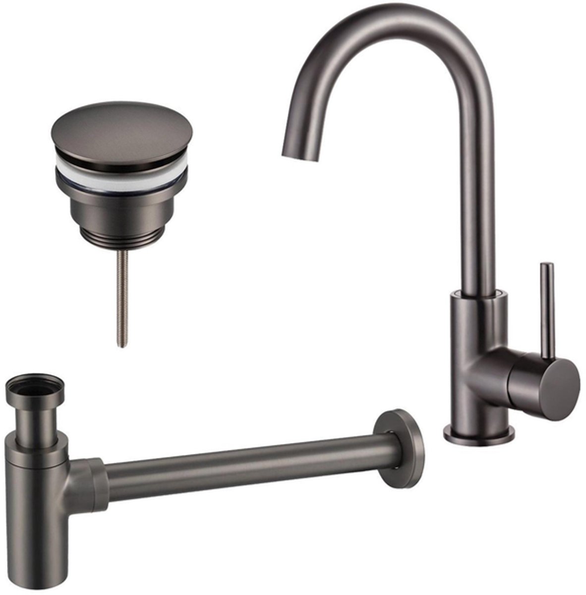 FugaFlow Eccelente Sobrado Badkamer Wastafelkraanset - hoge wastafelkraan - draaibare uitloop - klikwaste plug - design sifon - PVD Gepolijst Gunmetal