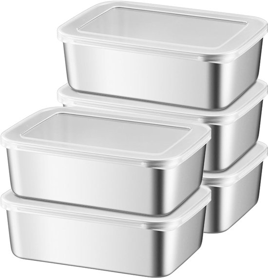 Foto: Trankielo set van 5 roestvrijstalen vershouddozen met deksel 1100ml capaciteit herbruikbare vriesdozen ideaal voor opslag van voedsel kaas fruit salades en snoep
