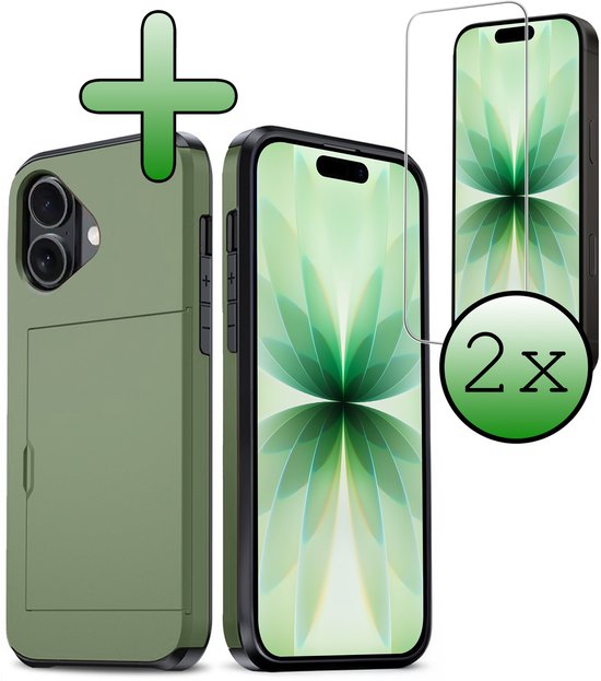 Coque de téléphone vert foncé et deux protecteurs d'écran avec un plus vert et une indication '2x'.
