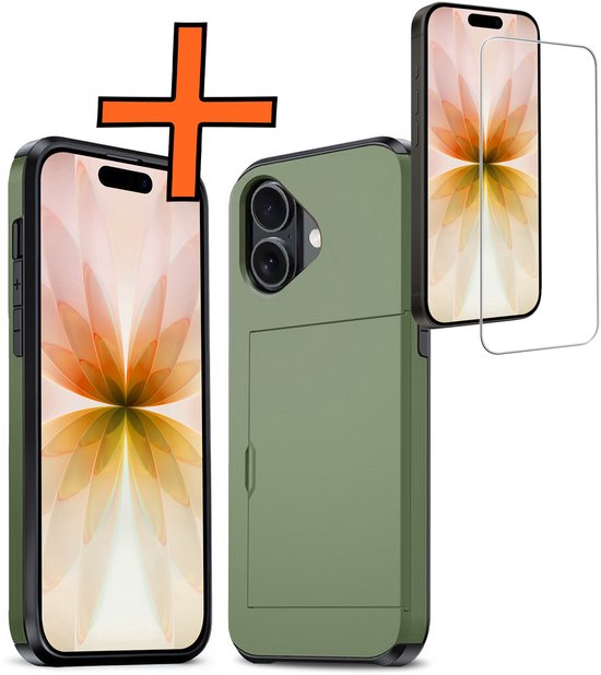Coque d'iPhone verte avec porte-cartes et protection d'écran.