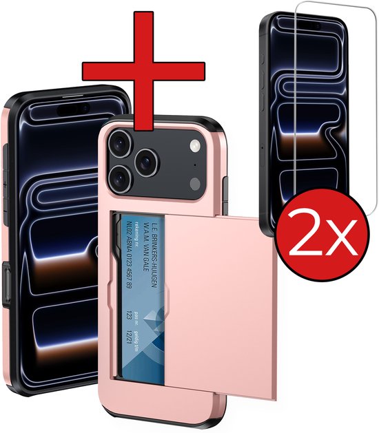 Étui pour iPhone 17 Pro Max avec porte-cartes, étui rigide avec porte-cartes et 2 films de protection d'écran - Étui pour iPhone 17 Pro Max avec porte-cartes - Or rose
