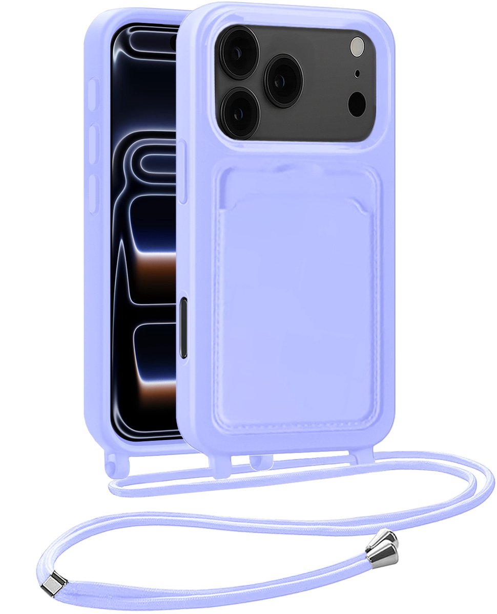Hoesje Geschikt voor iPhone 17 Pro Hoesje Met Telefoonkoord en Pasjeshouder Siliconen - Hoes Geschikt voor iPhone 17 Pro Hoesje Met Kaarthouder Case - Lila