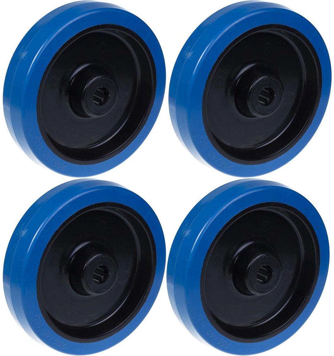 200 mm (8") wielen met blauw rubber, nylon hart en roestvrijstalen lagers, draagvermogen 1600 kg, set van 4