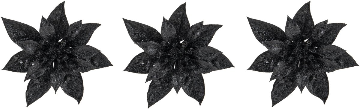 Cosy & Trendy Decoratie bloem - 3x stuks - kerstster - op clip - zwart - glitter -15 cm - kunststof - kerstversiering