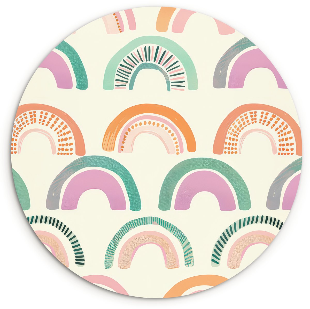 WallCircle Wandcirkel 150x150 cm - Muurcirkel Regenboog - Pastel - Patroon - Muurdecoratie woonkamer - Wanddecoratie slaapkamer - Kamer decoratie accessoires - Ronde schilderijen Regenbogen - Stippen - Strepen
