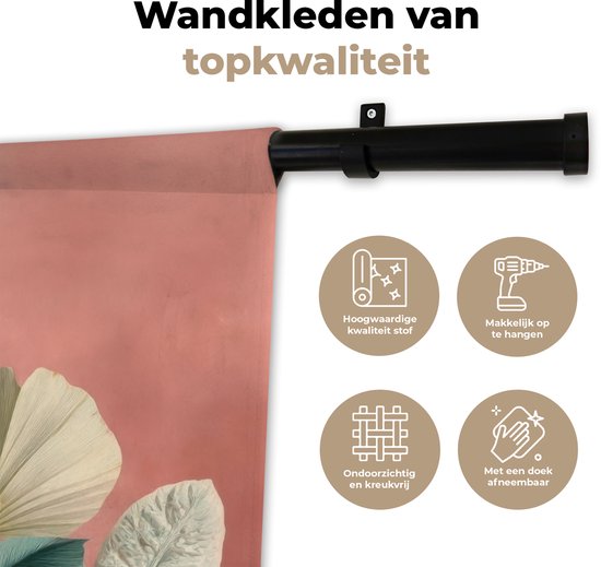 Drie iconen die de kwaliteit van een wandkleed tonen: 'Hoogwaardige kwaliteit stof', 'Makkelijk op te hangen', 'On doorzichtig en kreukvrij', 'Met een doek afneembaar'. Tekst: 'Wandkleden van topkwaliteit'.