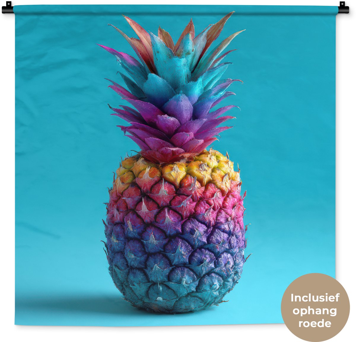 Wandkleed 90x90 cm - Wanddoek Ananas - Regenboog - Blauw - Popart - Wandtapijt - Wandkleden