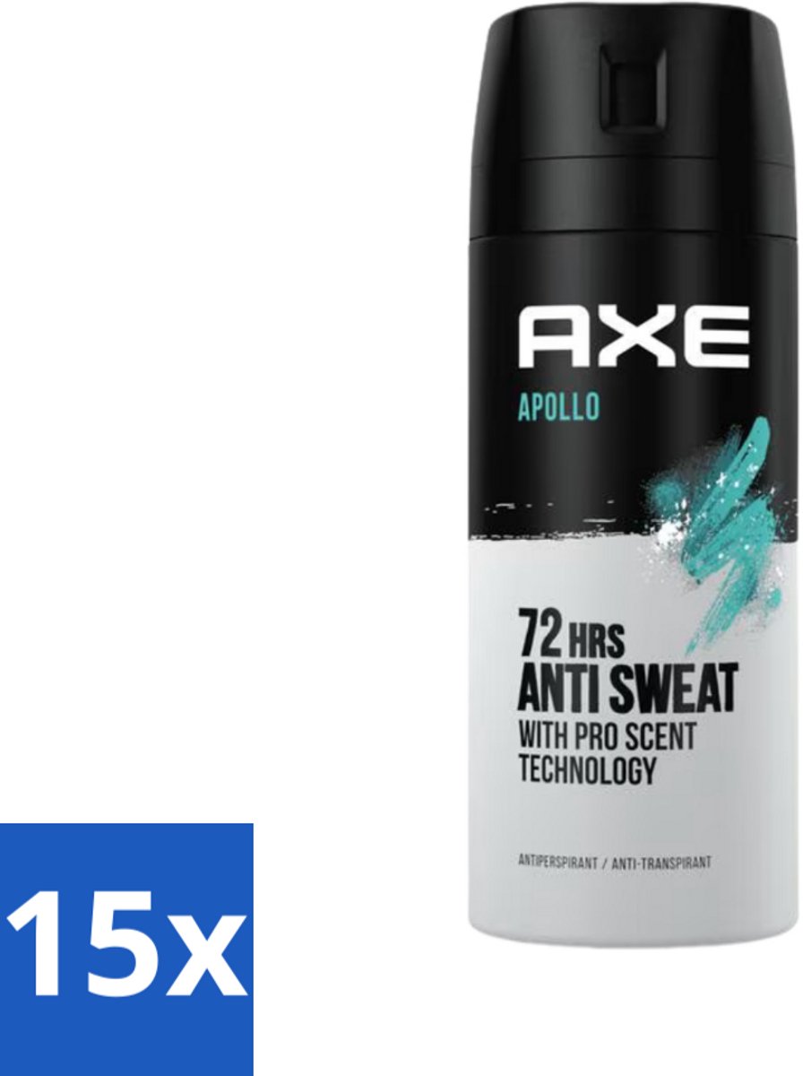15 x Axe - Deodorant Spray - 72hrs Anti Sweat - Apollo - 150 ml - Anti Transpirant Spray - Zweetbestendig - 72 Uur Bescherming - Geur Groen Fruit - Geur Sandelhout