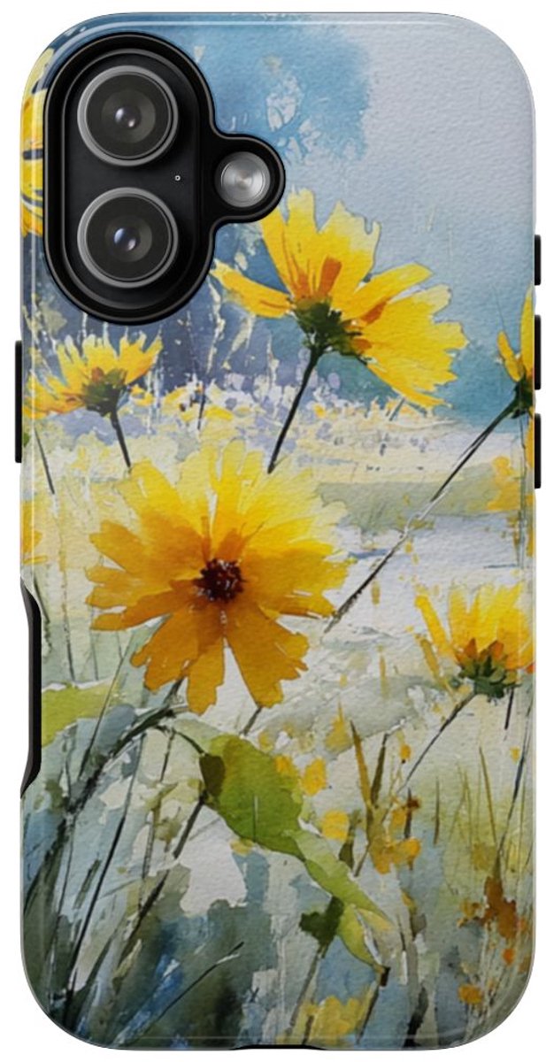 Gele Zonnebloemen in Pastelkleurig Landschap – Telefoonhoesje Geschikt voor iPhone 17