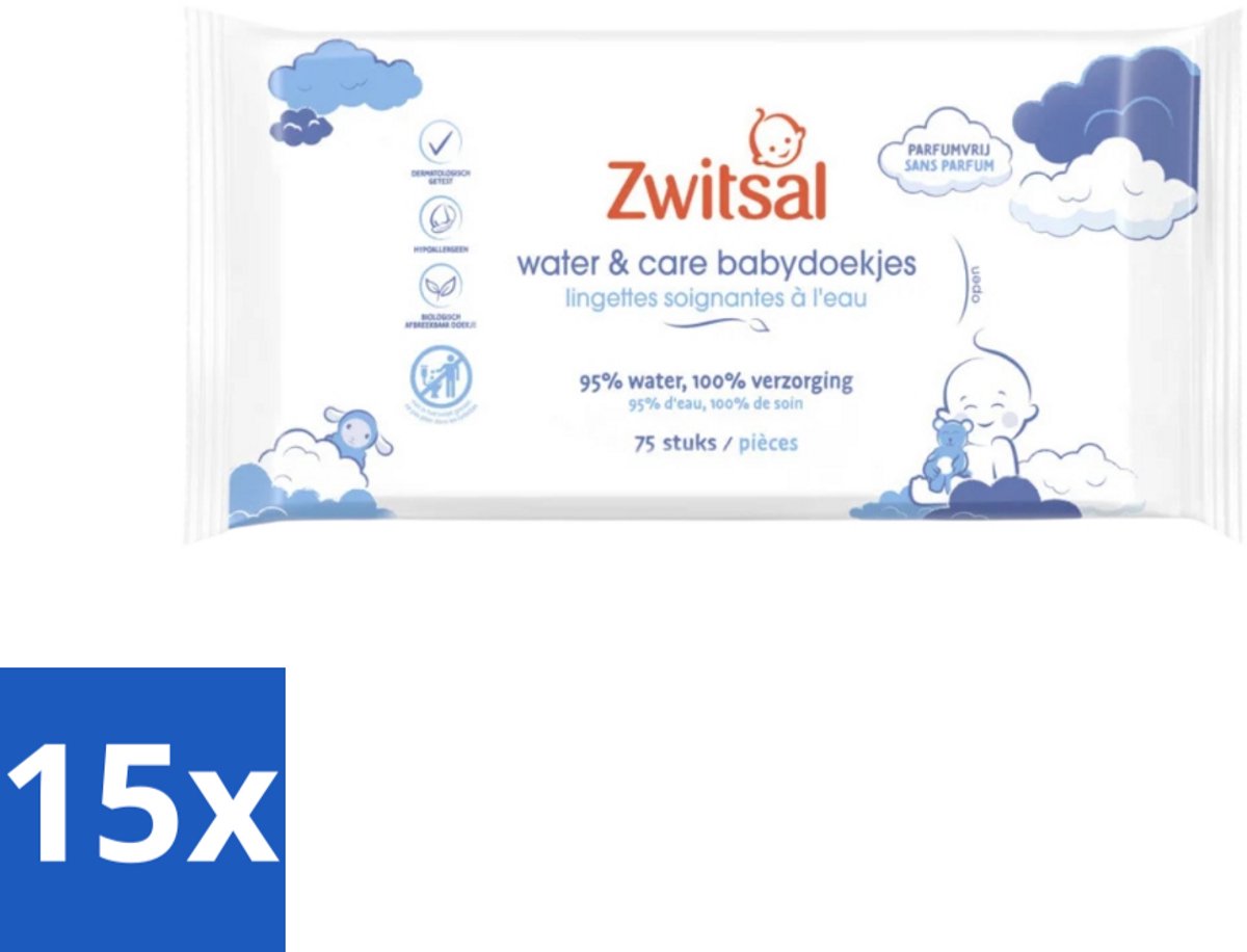 Image of 15 x Zwitsal 0% Parfum - Babyverzorging - Babydoekjes Water & Care - 75 Doekjes - Hypoallergeen - Biologisch Afbreekbaar - Plasticvrij