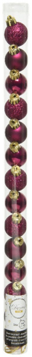 Decoris Mini kerstballen - 14x stuks - framboos roze - Dia 3 cm - kunststof - kerstversiering - kleine ballen