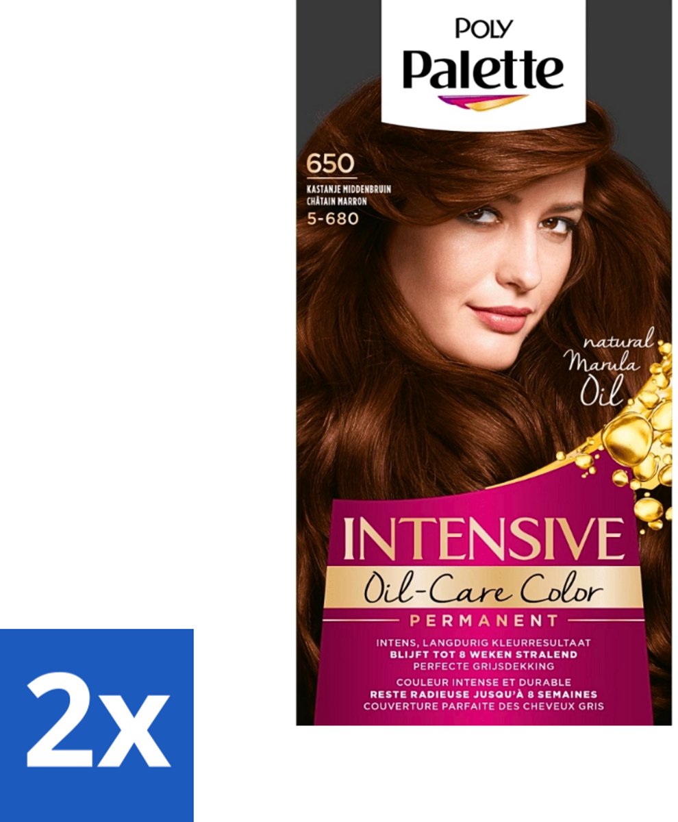 2 x Palette Intensive Oil-Care Color Haarkleuring 650 Kastanje Middenbruin - Haarverf - Kastanjebruin - Haarkleur - Glans - Arganolie
