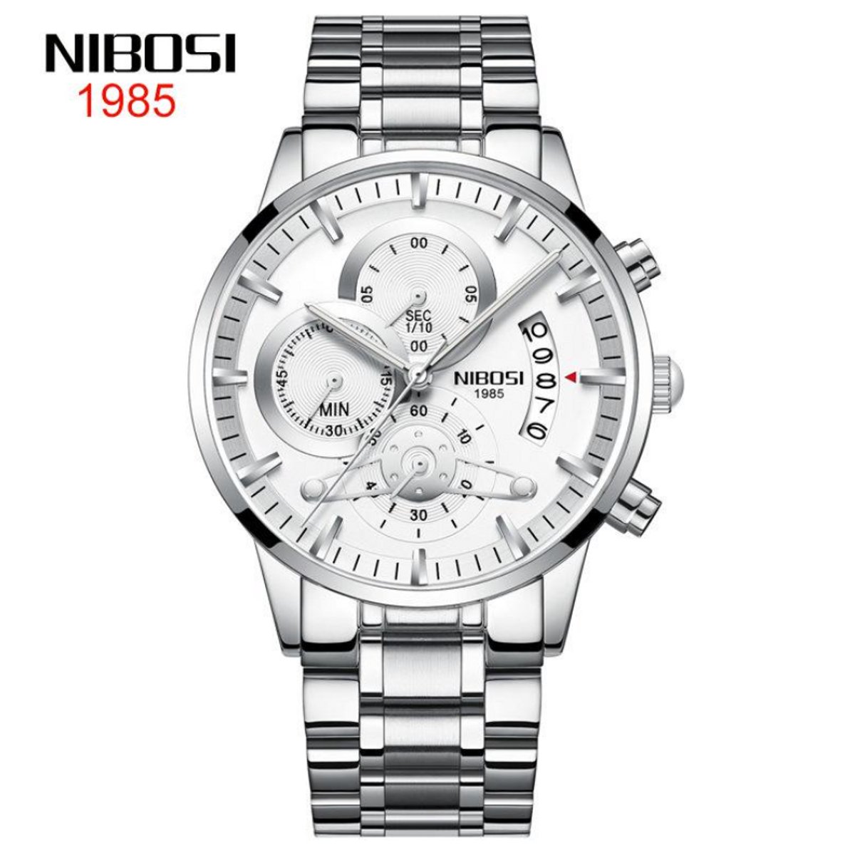 NIBOSI Horloge 2309 - Zilverkleurig-Wit - Heren - Quartz - Chronograaf - Stalen Band - Tijdloos en Stijlvol
