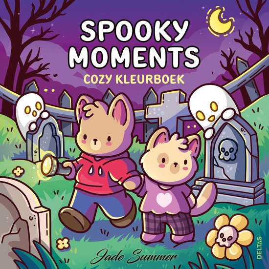 Livre de coloriage 'Spooky Moments Cozy Kleurboek' avec deux chatons, des fantômes et des pierres tombales dans une ambiance violette et effrayante. Texte 'Spooky Moments Cozy Kleurboek' et 'Jade Summer'.
