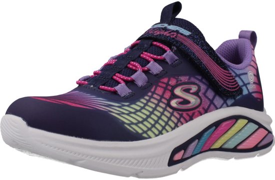 Navy sneaker met paarse, roze en turquoise glinsterende lijnen, regenboogaccenten op de zool en 'Lights' logo.