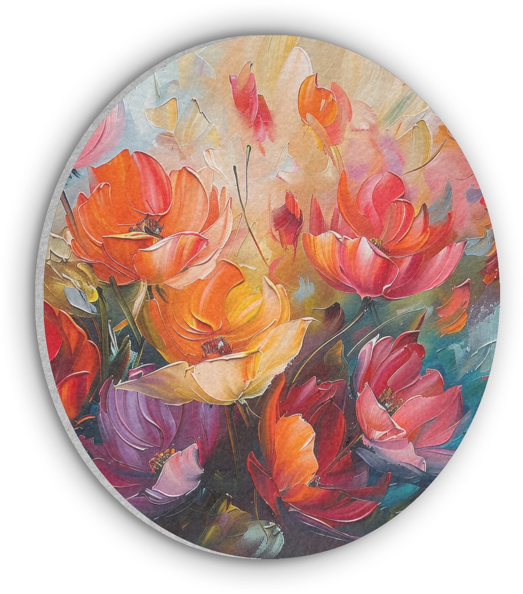 Akoestisch wandpaneel rond 90x90 cm - Vilt schilderij Bloemen - Kleurrijk - Verf - Abstrac