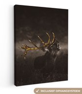 Canvas schilderij - Hert goud portret 60x80 - Kamer decoratie accessoires - Dieren schilderijen woonkamer - Natuur wanddecoratie slaapkamer - Muurdecoratie keuken - Wanddoek interieur binnen - Woondecoratie huis - Woonaccessoires