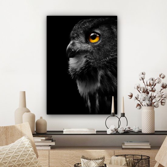 Peinture sur toile - Hibou - Vogel - Zwart - Peintures sur toile - Toile animaux - Toile canvas - 60x80 cm - Décoration murale - Salon