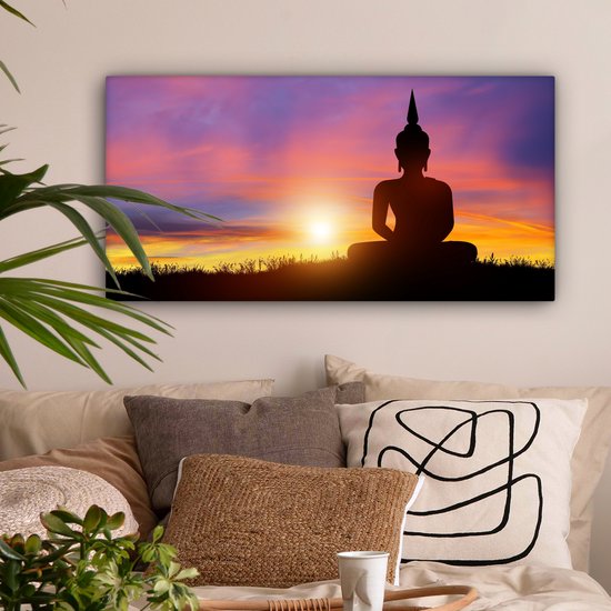 Toile - Statue de Bouddha - Silhouette - Coucher de soleil - Spirituel - Peintures salon - Peinture sur toile - Canvasdoek - 80x40 cm - Décoration murale