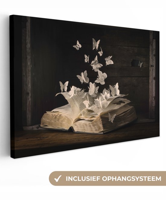 Peinture sur toile - Vintage - Boek - Papier - Papillon - Photo sur toile - Décoration murale - 60x40 cm - Canvasdoek - Tableaux abstraits
