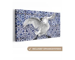 Canvas schilderij 300x140 cm - Wanddecoratie Zwaan - Kunst - Delfts blauw - Schilderij - Oude meesters - Muurdecoratie woonkamer - Slaapkamer decoratie - Kamer accessoires - Schilderijen op canvas