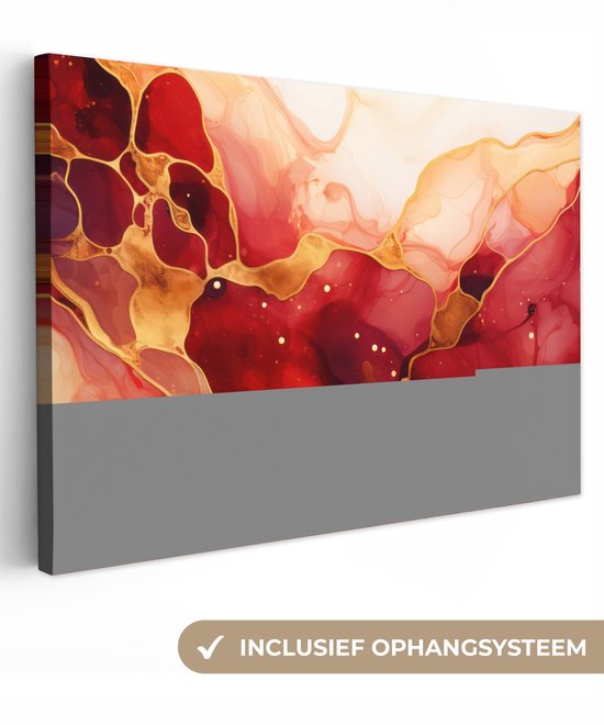 Tableau sur toile Marbre - Rouge - Or - Moderne - Abstrait - 120x80 cm - Décoration murale