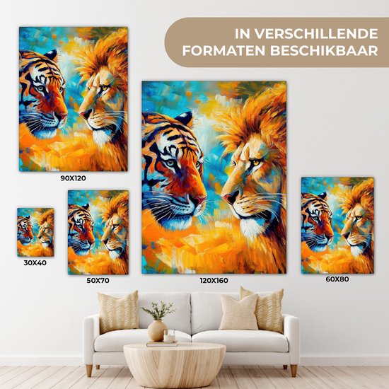 Canvas schilderij 30x40 cm - Wanddecoratie Dieren - Kunst - Leeuw - Tijger - Muurdecoratie woonkamer - Slaapkamer decoratie - Kamer accessoires - Schilderijen op canvas