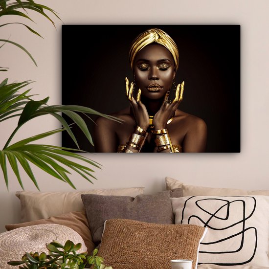 Canvas Schilderij 80x60 cm - Vrouw - Abstract - Goud - Portret - Wanddecoratie slaapkamer - Muurdecoratie woonkamer - Kamer decoratie - Wanddoek interieur binnen - Vrouwen schilderijen