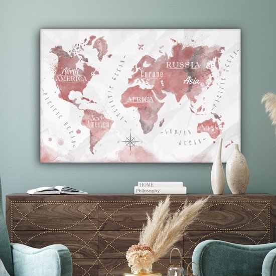 Peintures Toile Wereldkaart - Peinture - Rose - 120x80 cm - Décoration murale
