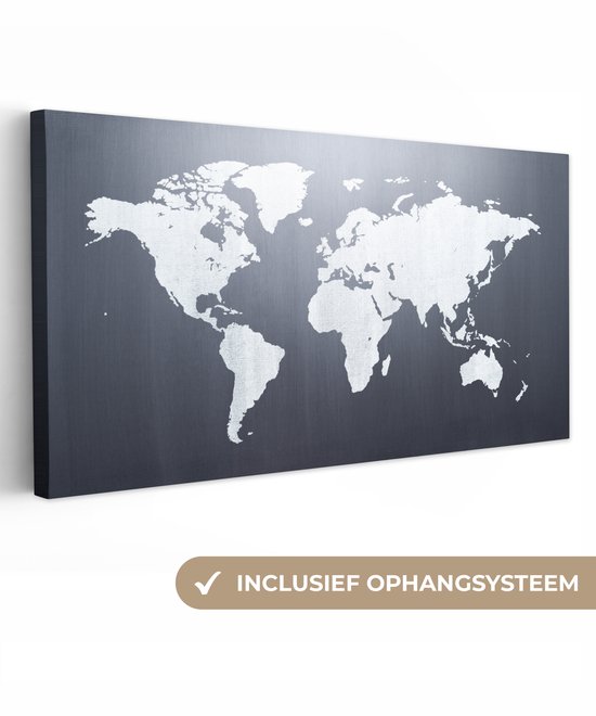 Peintures Toile Wereldkaart - Simple - Zwart - Wit - 80x40 cm - Décoration murale