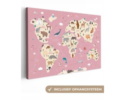 Muurdecoratie kinderkamer - Canvas doek kids - Wereldkaart - Aarde - Dieren - Roze - Kinder decoratie - Canvas kinderen - 140x90 cm
