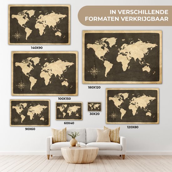 Peintures sur toile Wereldkaart - Rose des vents - Vintage - 150x100 cm - Décoration murale