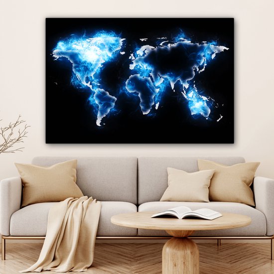 Wereldkaart en bleu électrique sur fond noir 120x80 cm