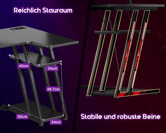 L-Vormige Gaming Bureau met LED Verlichting en Opbergruimte - Gaming Hoekbureau met Monitorstandaard en Stopcontacten van Merkloos — afbeelding 5