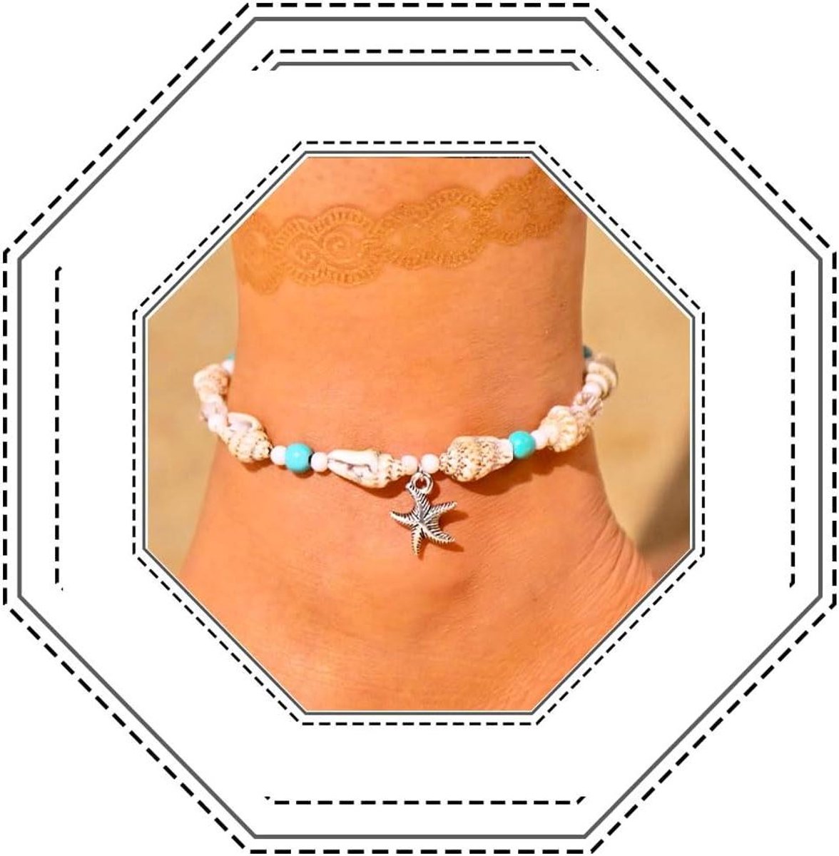 JHubers Goods - - Boho Enkelbanden met Zeester en Turquoise Kralen - Zilveren Enkelband Voet Ketting voor Strand - Ster Enkelbandje voor Vrouwen en Meisjes -