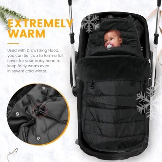 PromoHome Baby Voetenzak voor Kinderwagen Winter - Waterdichte Voetenzak met Capuchon en Ritssluiting - Afneembaar en Wasmachinebestendig - Geschikt voor Buggy en Autostoel - Zwart — afbeelding 5
