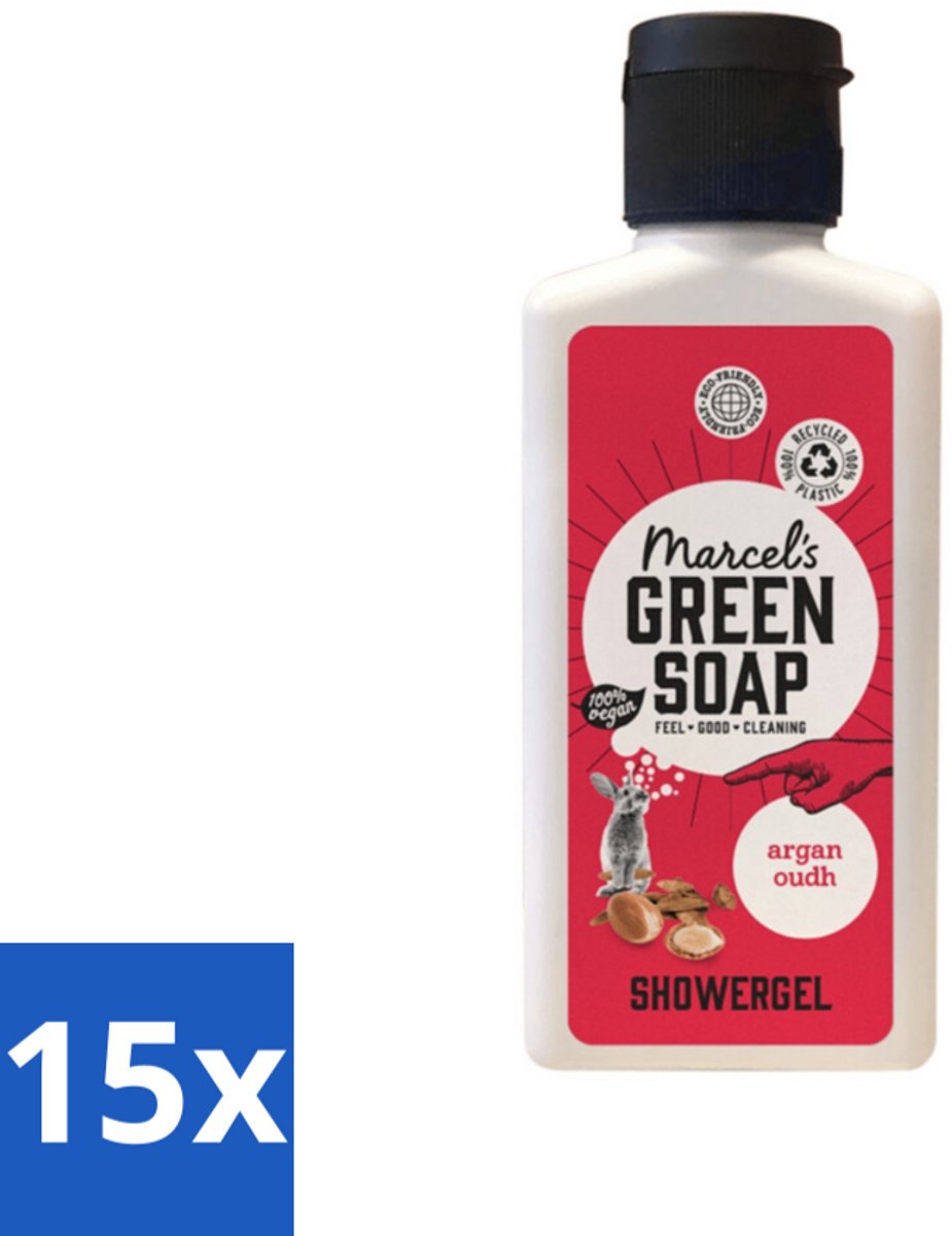 15 x Marcel's Green Soap - Douchegel - Argan & Oudh Mini - Krachtige werking - 100 ml - Voordeelverpakking - 15 stuks