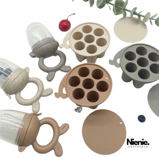 Baby Fruitspeen + 3 spenen & IJsblokjesvorm - Babyhapjes bewaarbakjes - 100% siliconen Fopspeen Beige - Sabbelzakje met bijtring - Nienie Amsterdam® van Nienie Amsterdam® — afbeelding 4