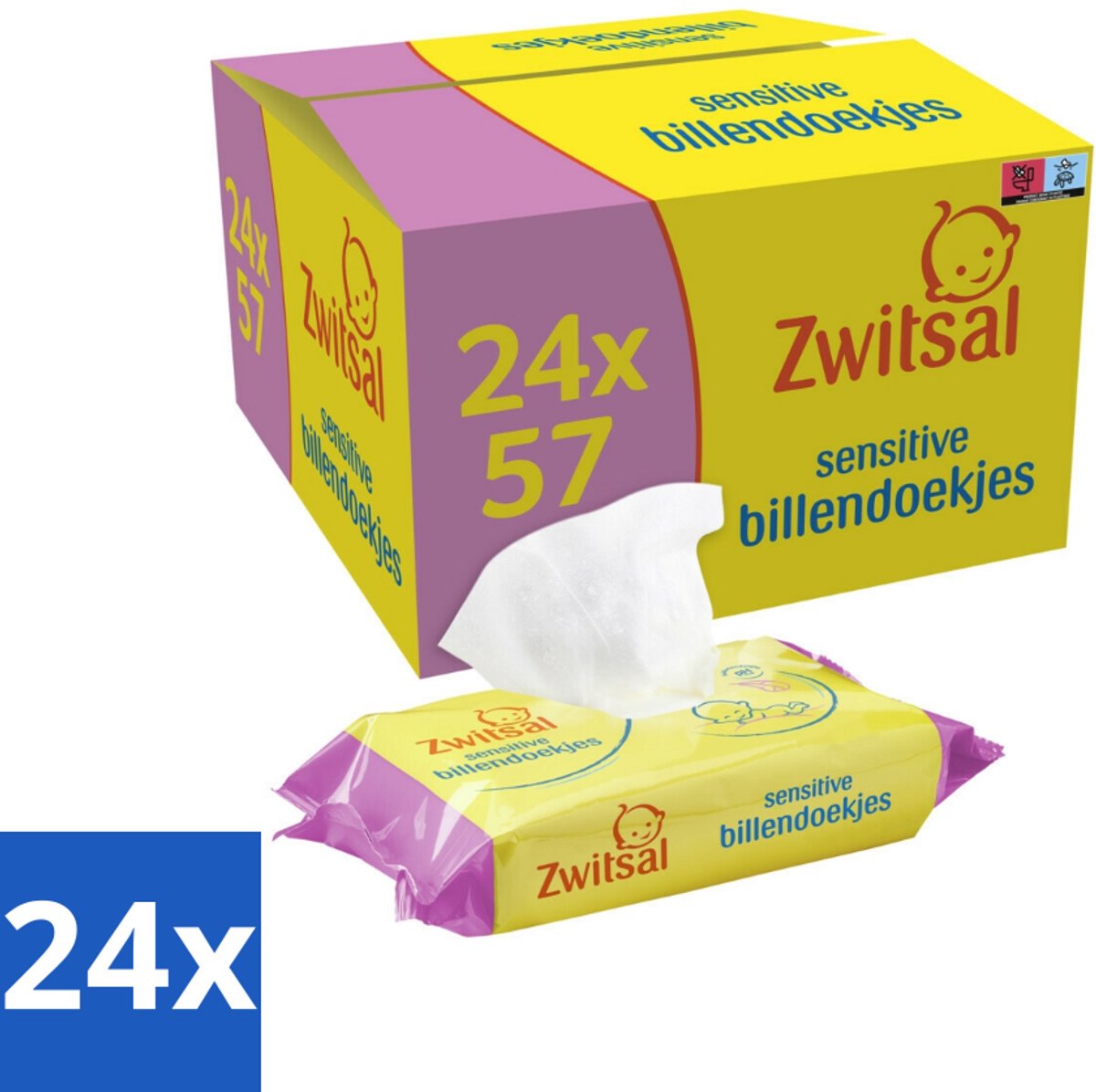 Image of 24 x Zwitsal - Billendoekjes Sensitive - 24 x 57 stuks per verpakking - Megaverpakking - Billendoekjes - Babyhuid - Luieruitslag - Zachte Billendoekjes - Gevoelige Babyhuid