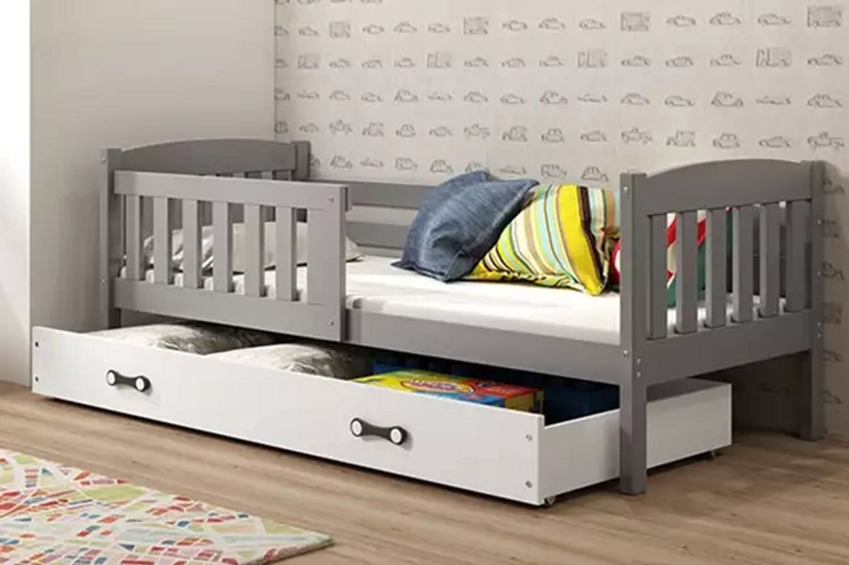 BMS KUBUŚ - Single Jeugdbed - 90x190 cm - Graphiet/Wit - Inclusief Matras en Lade