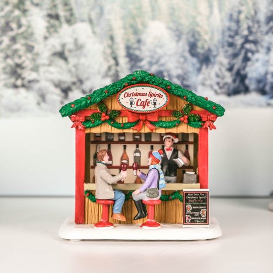 Een kersttafereel van een café met de tekst 'Christmas Spirits Cafe'.