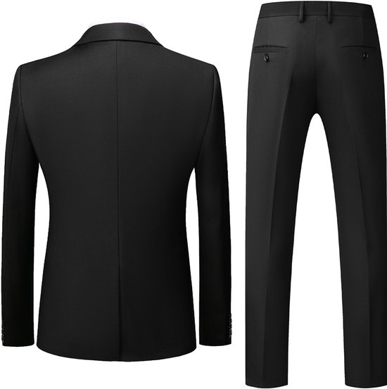 Zwarte, tweedelige pantalon en colbert met split in het midden. Achteraanzicht.