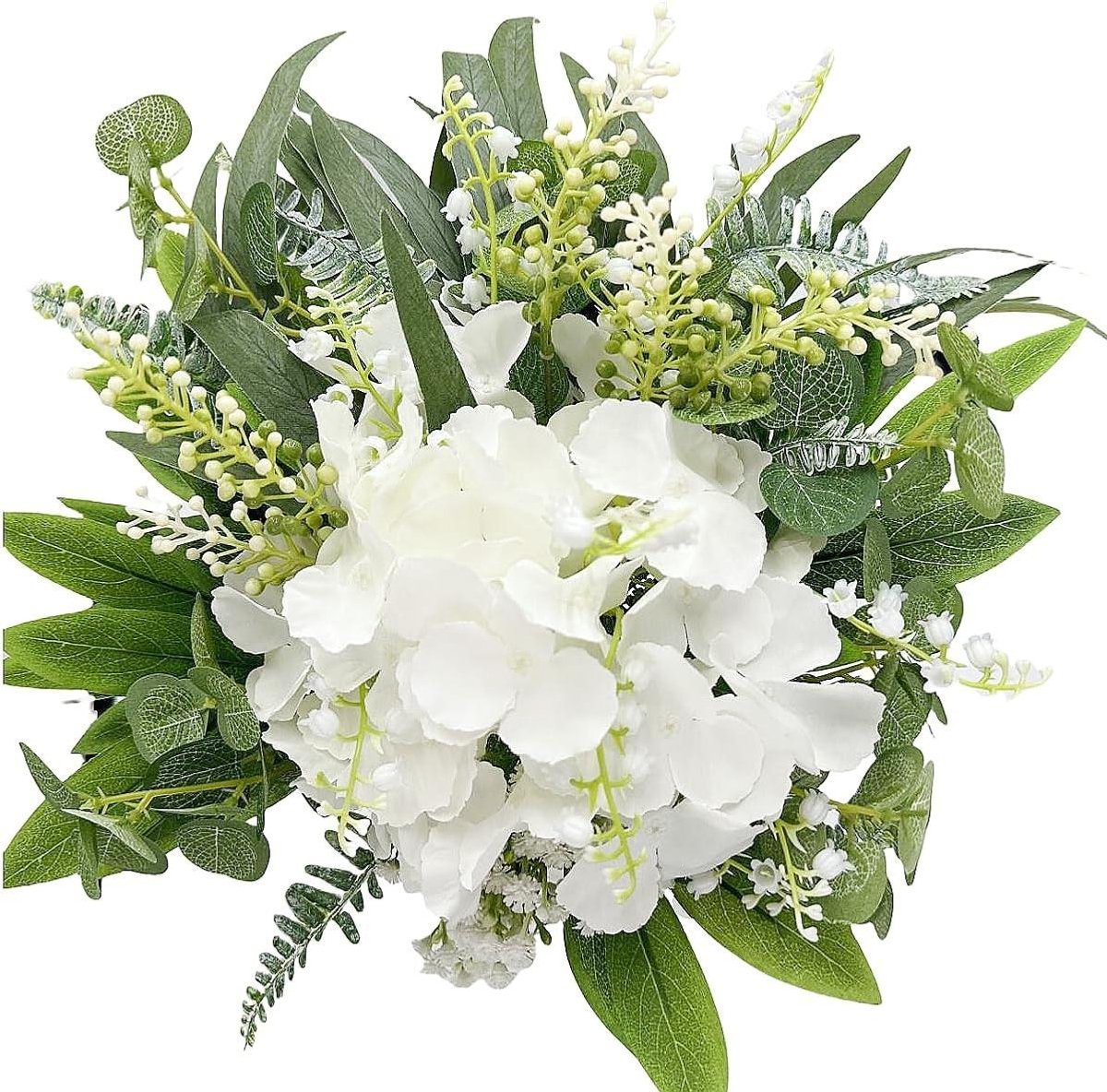 Allecto plus - Kunstbloemen en takken, witte hortensia, groene eucalyptus bladeren - Decoratieve takken voor bruidsboeket, boeket, bruiloft, feest - 62 stuks.