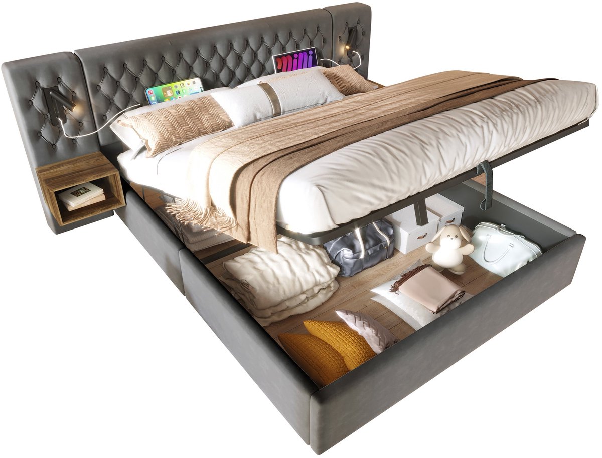Merax Gestoffeerd Opbergbed 160x200 cm met Hydraulisch Systeem en Leeslampen – Grijs Fluwe