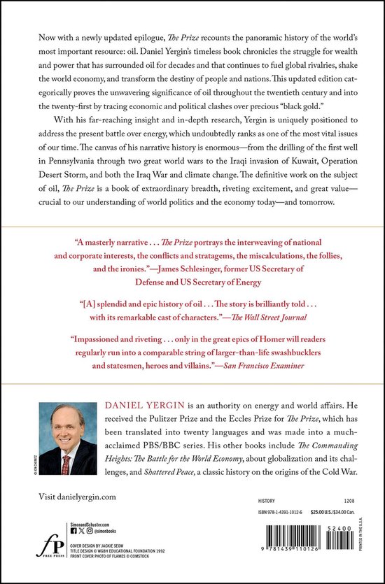 Achterkant van het boek 'The Prize' met tekst over de inhoud en de auteur Daniel Yergin. Rechts een afbeelding van de achterkant met ISBN-nummer.