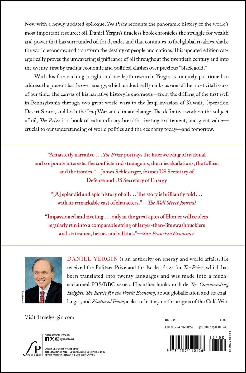Achterkant van het boek 'The Prize' met tekst over de inhoud en de auteur Daniel Yergin. Rechts een afbeelding van de achterkant met ISBN-nummer.