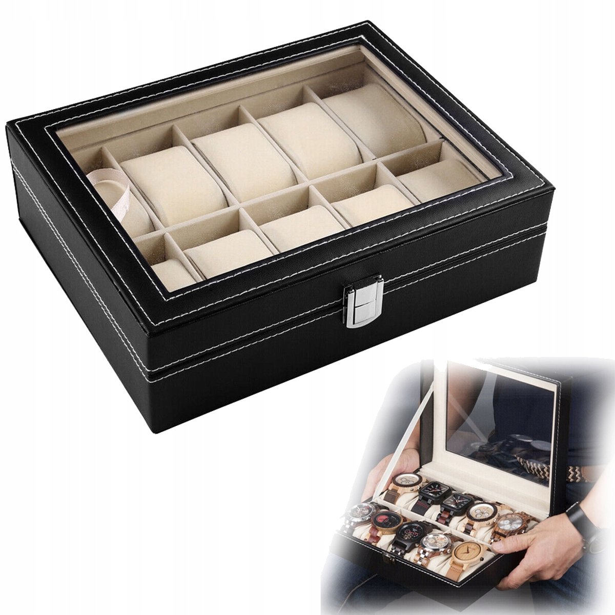 Zwart Horlogedoos met Glazen Deksel voor 10 Horloges - Luxe Cadeau