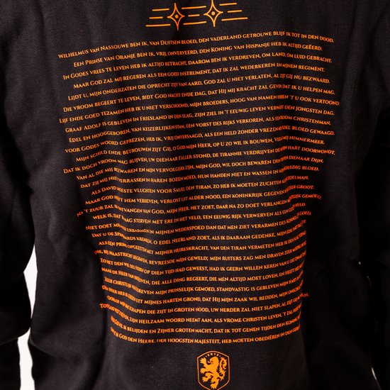 Zwarte hoodie van de achterkant met oranje tekst en een leeuw embleem.