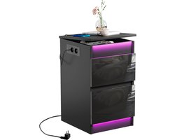 Nachttafel met Licht 2 Laden - Opladingstation 2AC+2USB EU Plug Met Omklapbaar Dak | Bluetooth LED Lichtstrip Houten Sideboard voor Slaapkamer Woonkamer Zwart - Aftermarket