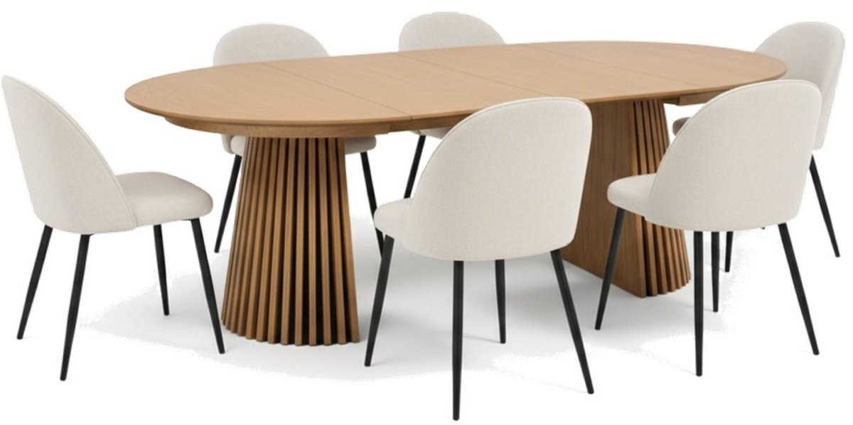 Tokyo eethoek eettafel natuur, 6 stoelen met beige ribfluweel bekleding.